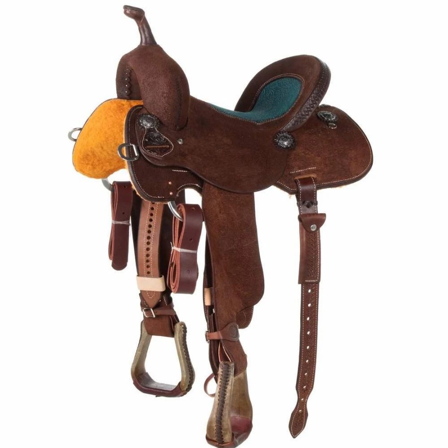 * Nrs Competitors Chocolate Roughout Barrel Saddle With Inlaid Floral Turquoise Seat | Barrel Racing Saddles