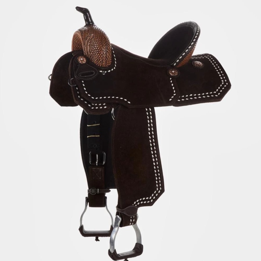 * Tomahawk Chocolate Roughout 14 1/2 Inch Barrel Saddle With Tooling And White Buckstitch | Barrel Racing Saddles