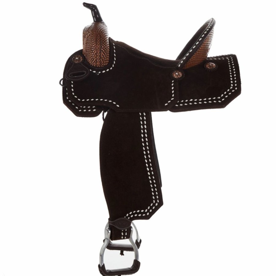 * Tomahawk Chocolate Roughout 14 1/2 Inch Barrel Saddle With Tooling And White Buckstitch | Barrel Racing Saddles