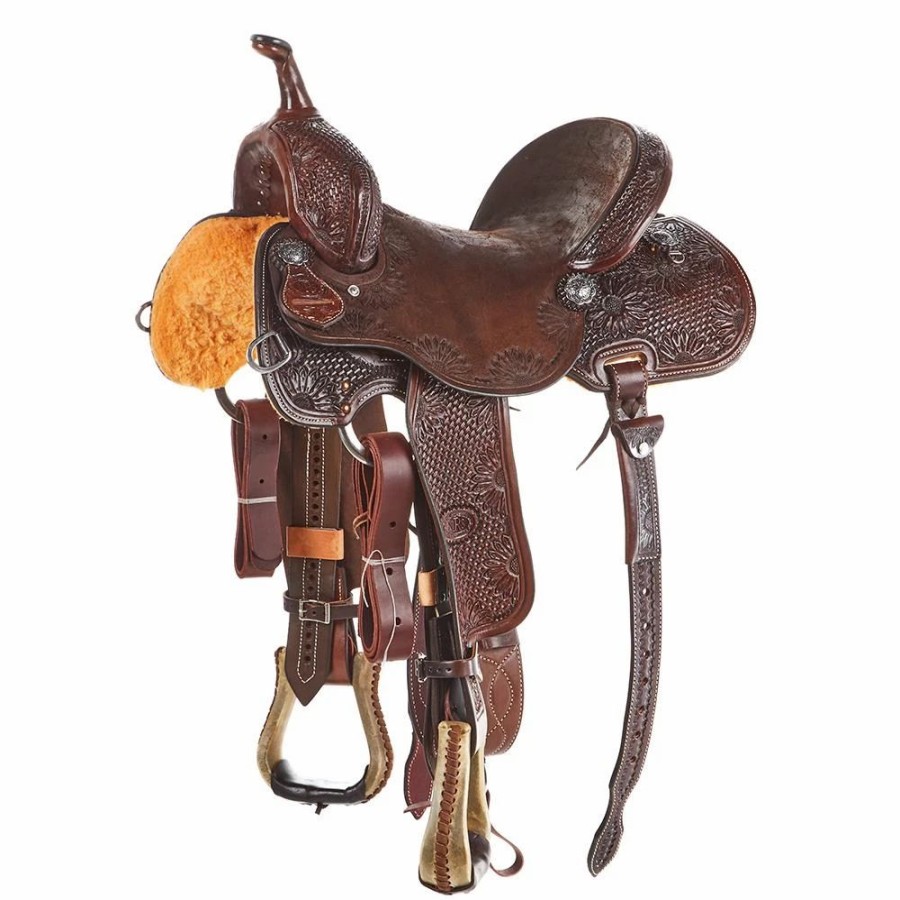 * Nrs Competitors Chocolate 7/8 Breed Mini Basket Stamp Sunflower Tooled 14 1/2 Inch Barrel Saddle | Barrel Racing Saddles