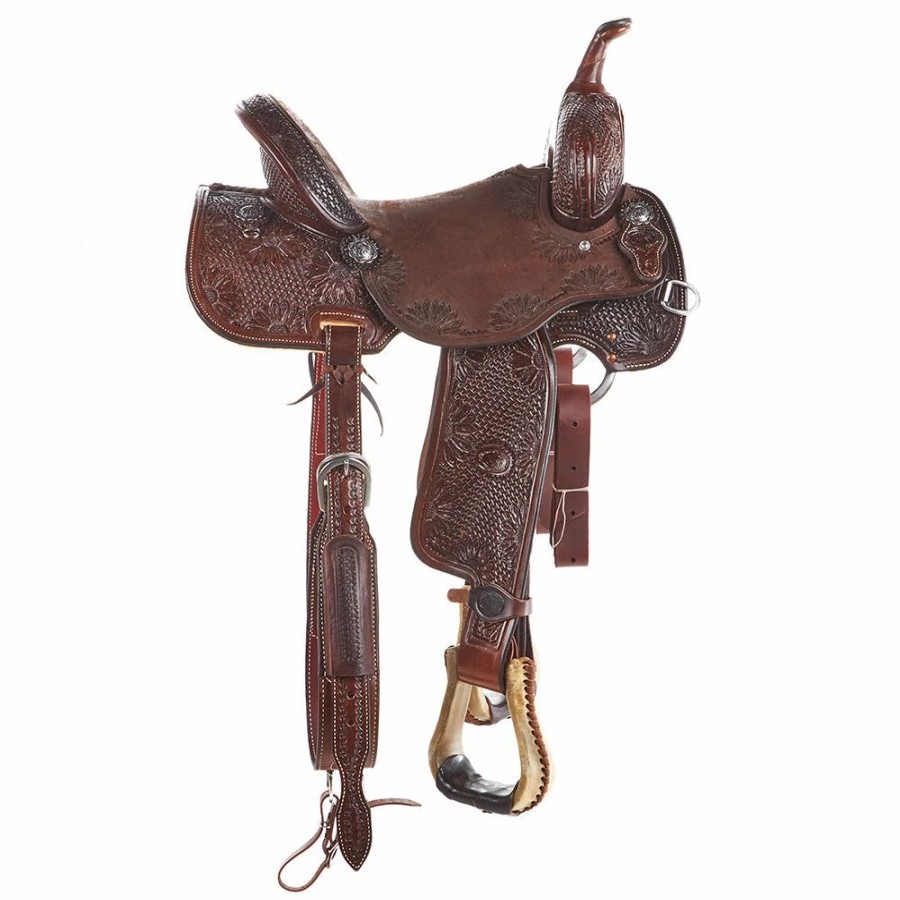 * Nrs Competitors Chocolate 7/8 Breed Mini Basket Stamp Sunflower Tooled 14 1/2 Inch Barrel Saddle | Barrel Racing Saddles